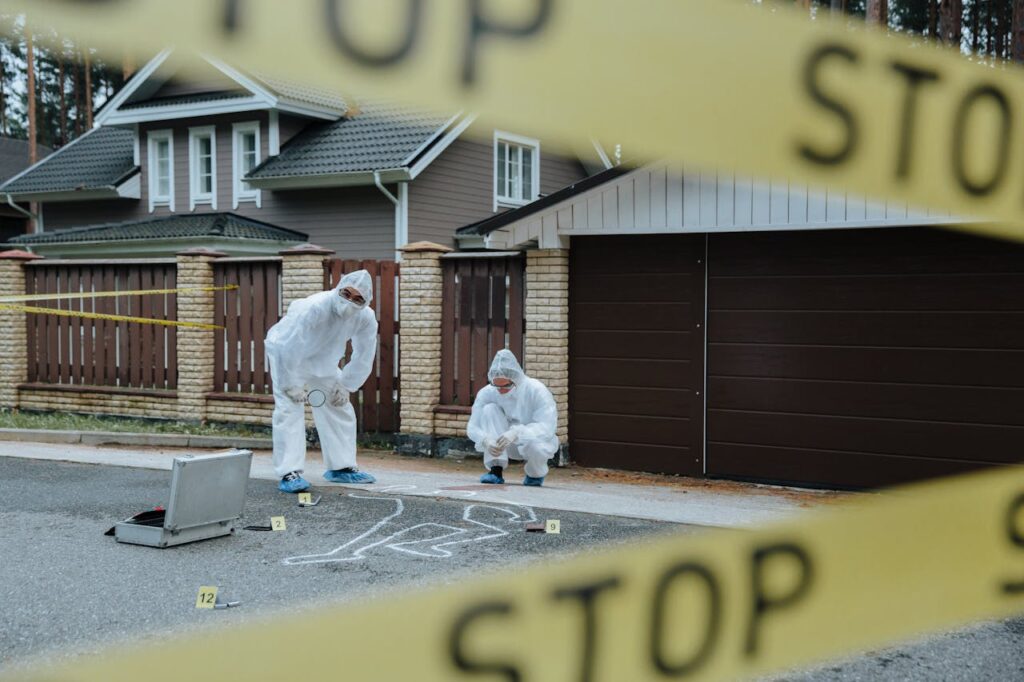 Forensic team examining crime scene with chalk outline and evidence markers outdoors.